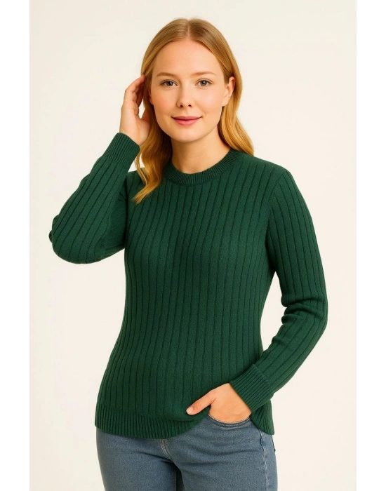 Kadın Bisiklet Yaka Triko Kazak Pamuklu Kalın Fitilli Dokuma Regular Fit - Haki