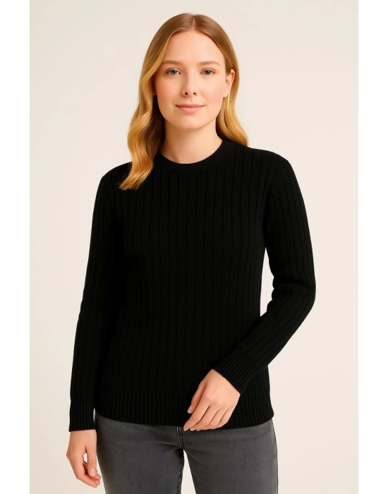 Kadın Bisiklet Yaka Triko Kazak Pamuklu Kalın Fitilli Dokuma Regular Fit -  Siyah