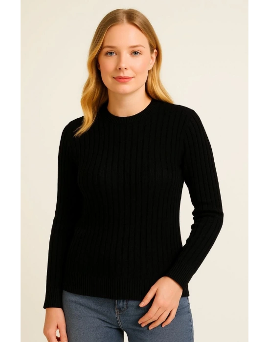 Kadın Bisiklet Yaka Triko Kazak Pamuklu Kalın Fitilli Dokuma Regular Fit -  Siyah