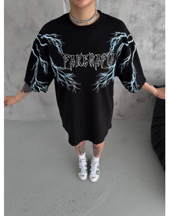 Kadın Bisiklet Yaka Yıldırım Baskılı  Kısa kol Oversize T-Shirt - Siyah