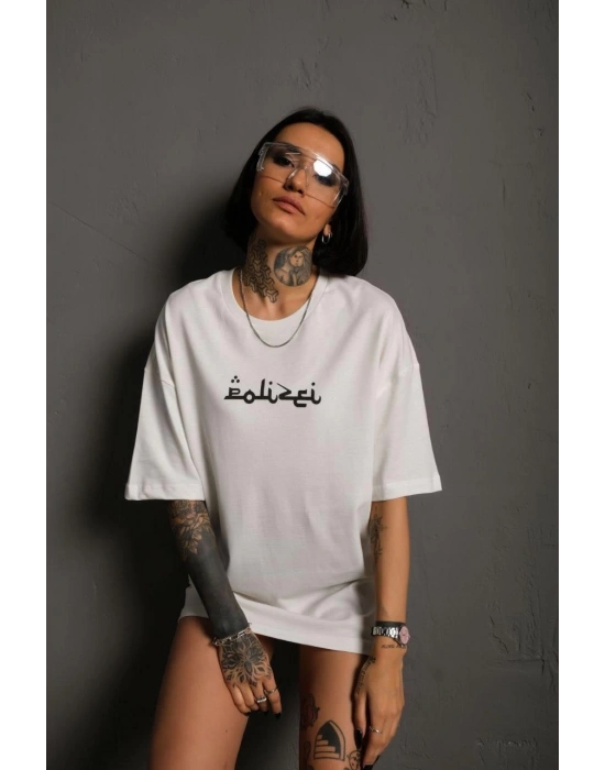 Kadın Bisiklet Yakalı Sırt Baskılı  Kısa kol Oversize T-Shirt - Beyaz