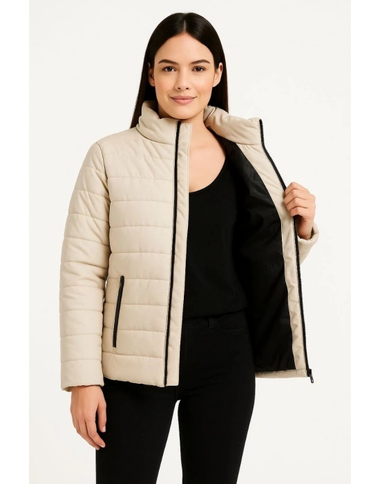 Kadın Bomber Mont Su İtici Kapitone Astarlı Fermuarlı Cepli Ceket - Bej
