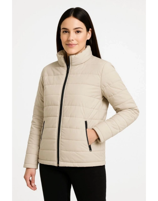 Kadın Bomber Mont Su İtici Kapitone Astarlı Fermuarlı Cepli Ceket - Bej