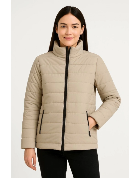 Kadın Bomber Mont Su İtici Kapitone Astarlı Fermuarlı Cepli Ceket - Bej