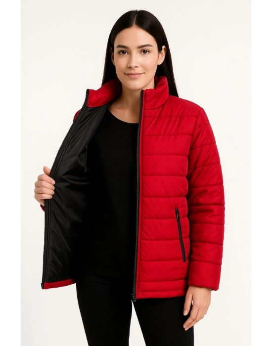 Kadın Bomber Mont Su İtici Kapitone Astarlı Fermuarlı Cepli Ceket - Kırmızı