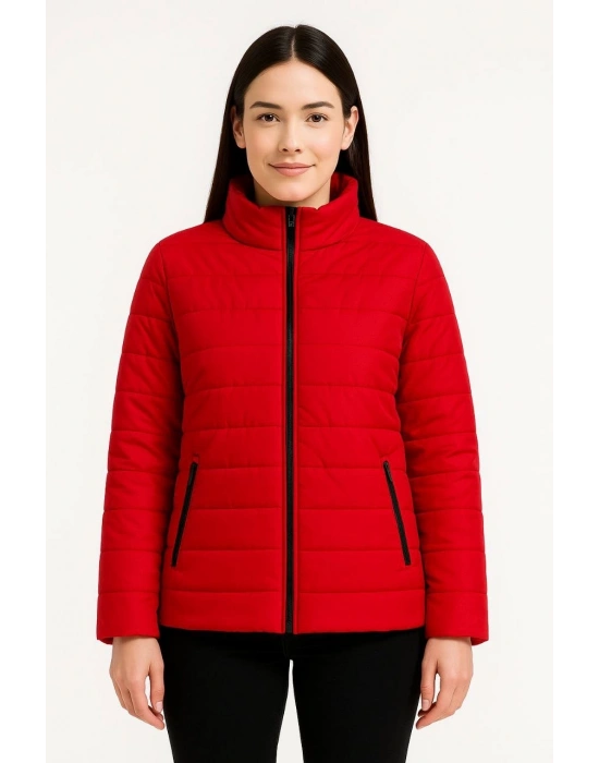 Kadın Bomber Mont Su İtici Kapitone Astarlı Fermuarlı Cepli Ceket - Kırmızı
