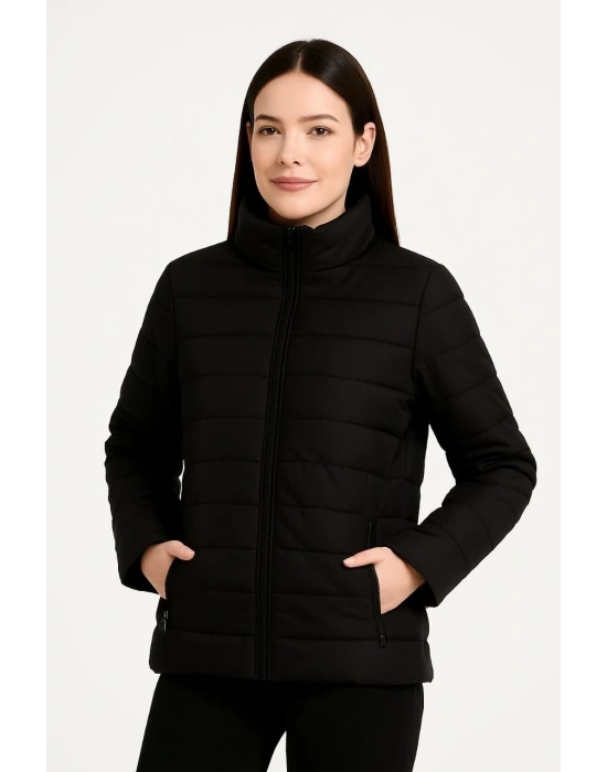 Kadın Bomber Mont Su İtici Kapitone Astarlı Fermuarlı Cepli Ceket - Siyah