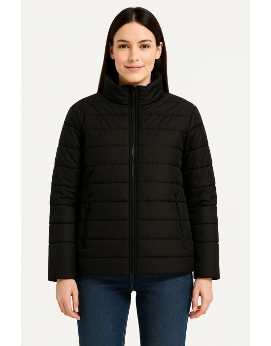 Kadın Bomber Mont Su İtici Kapitone Astarlı Fermuarlı Cepli Ceket - Siyah