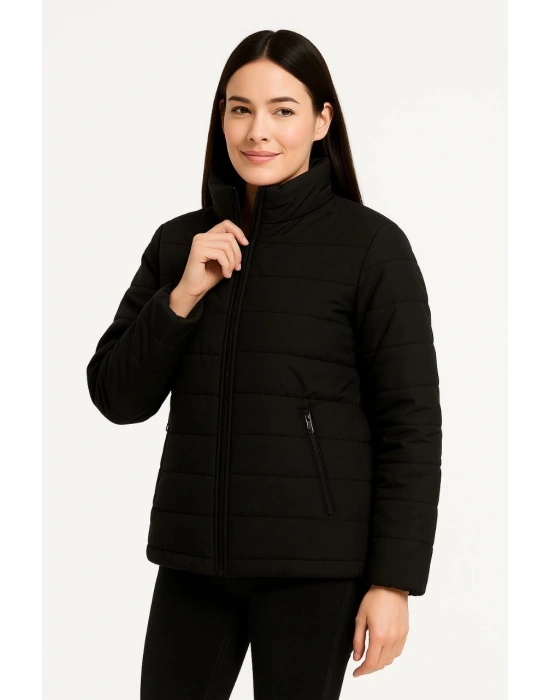 Kadın Bomber Mont Su İtici Kapitone Astarlı Fermuarlı Cepli Ceket - Siyah