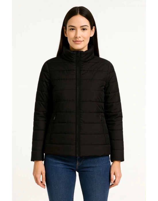 Kadın Bomber Mont Su İtici Kapitone Astarlı Fermuarlı Cepli Ceket - Siyah