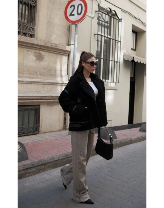 Kadın Cıt Cıt Detaylı Peluş Şık Mont Ceket - Siyah