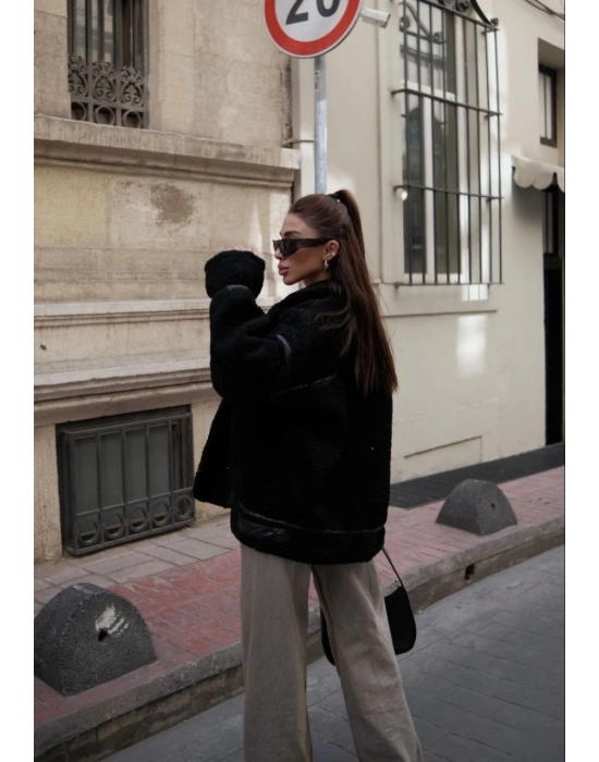 Kadın Cıt Cıt Detaylı Peluş Şık Mont Ceket - Siyah