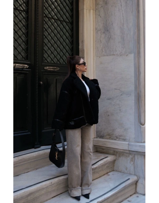 Kadın Cıt Cıt Detaylı Peluş Şık Mont Ceket - Siyah