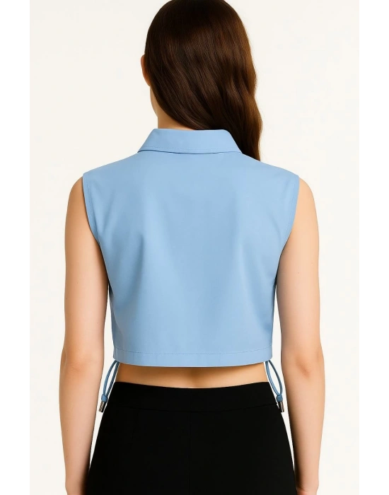 Kadın Crop Poplin Gömlek Yalancı Cepli Ayarlanabilir Yan Kordonlu - Bebek Mavisi