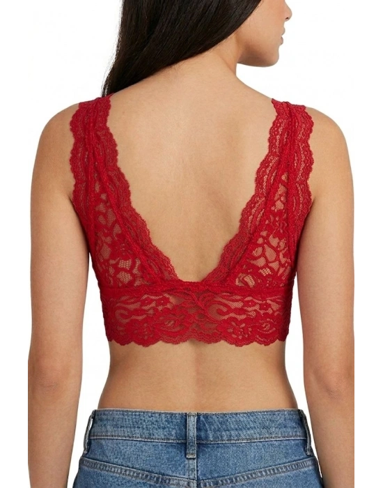 Kadın Dantel Bralet Crop Sütyen V Yaka Askılı Şık Esnek Rahat - Kırmızı