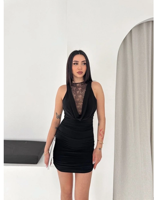 Kadın Dantel Detaylı Derin Dekolte Drapeli Mini Elbise Şık Kolsuz - Siyah