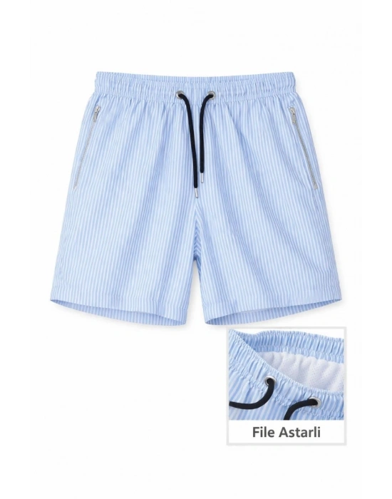 Kadın Deniz Şortu Fermuarlı Cepli File Astarlı Hızlı Kuruyan Premium - Bebek Mavisi