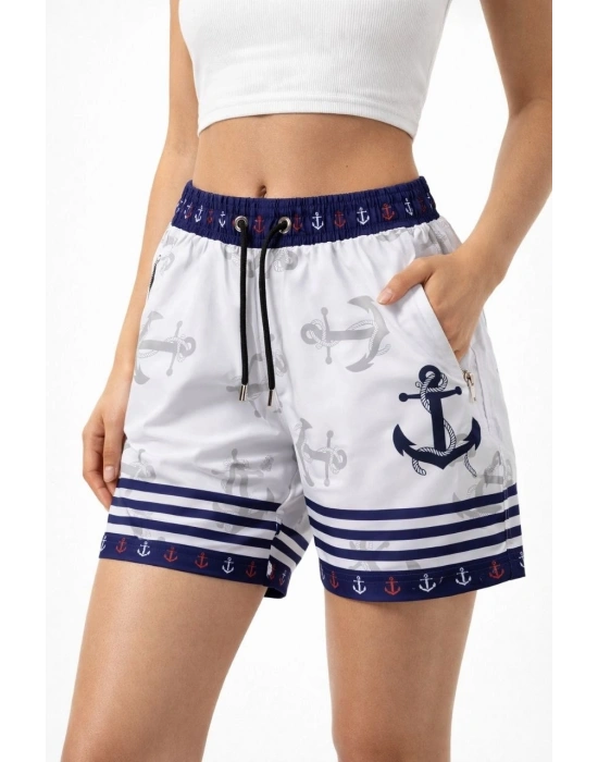 Kadın Deniz Şortu Fermuarlı Cepli File Astarlı Hızlı Kuruyan Premium - Beyaz