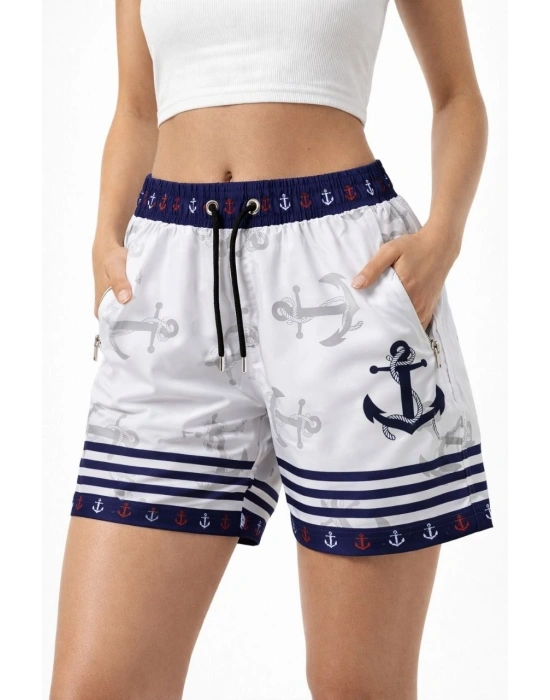 Kadın Deniz Şortu Fermuarlı Cepli File Astarlı Hızlı Kuruyan Premium - Beyaz