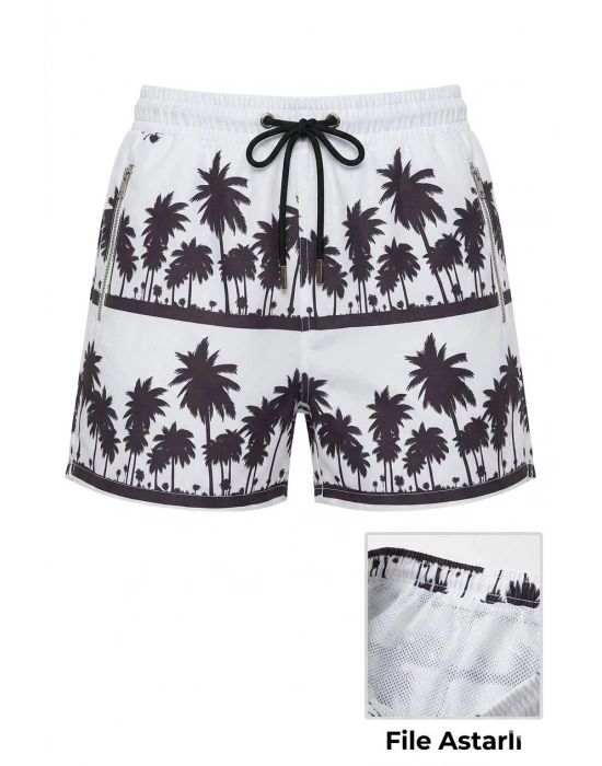 Kadın Deniz Şortu Fermuarlı Cepli File Astarlı Hızlı Kuruyan Premium - Beyaz