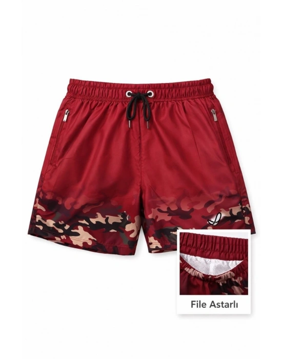 Kadın Deniz Şortu Fermuarlı Cepli File Astarlı Hızlı Kuruyan Premium - Bordo