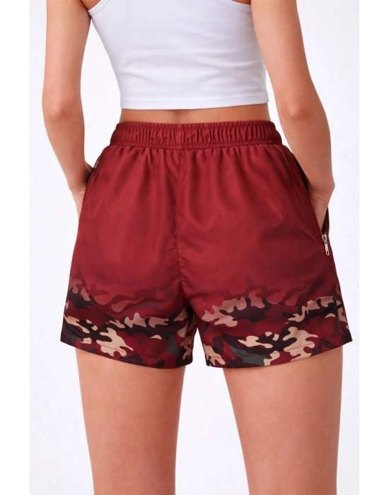 Kadın Deniz Şortu Fermuarlı Cepli File Astarlı Hızlı Kuruyan Premium - Bordo