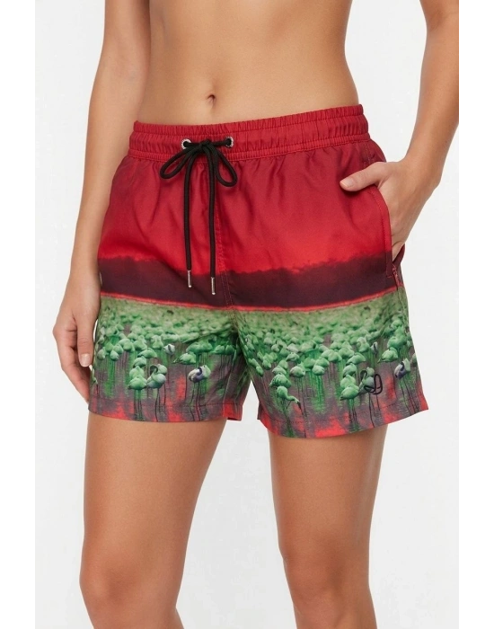 Kadın Deniz Şortu Fermuarlı Cepli File Astarlı Hızlı Kuruyan Premium - Kırmızı