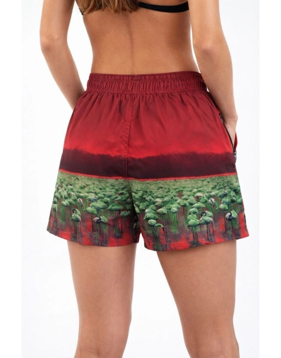 Kadın Deniz Şortu Fermuarlı Cepli File Astarlı Hızlı Kuruyan Premium - Kırmızı