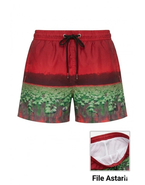 Kadın Deniz Şortu Fermuarlı Cepli File Astarlı Hızlı Kuruyan Premium - Kırmızı