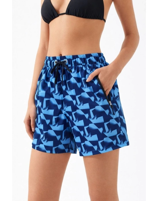 Kadın Deniz Şortu Fermuarlı Cepli File Astarlı Hızlı Kuruyan Premium - Mavi