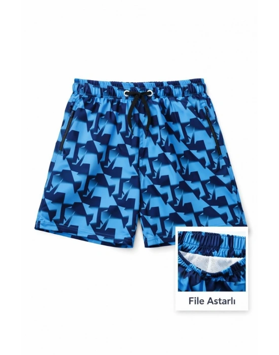 Kadın Deniz Şortu Fermuarlı Cepli File Astarlı Hızlı Kuruyan Premium - Mavi