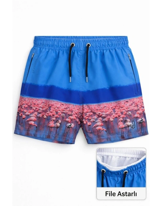 Kadın Deniz Şortu Fermuarlı Cepli File Astarlı Hızlı Kuruyan Premium - Mavi