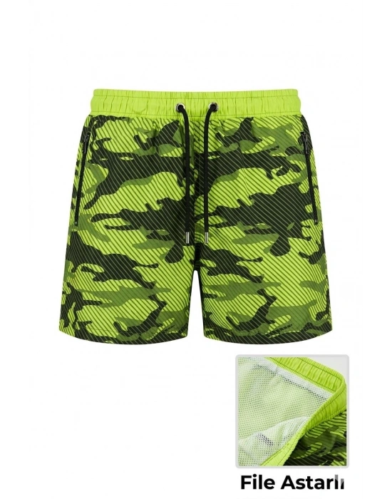 Kadın Deniz Şortu Fermuarlı Cepli File Astarlı Hızlı Kuruyan Premium - Neon Yeşili