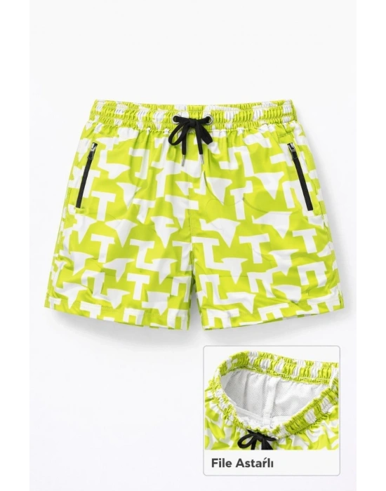 Kadın Deniz Şortu Fermuarlı Cepli File Astarlı Hızlı Kuruyan Premium - Neon Yeşili