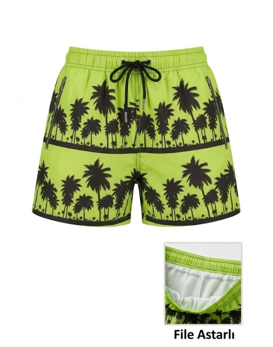 Kadın Deniz Şortu Fermuarlı Cepli File Astarlı Hızlı Kuruyan Premium - Neon Yeşili