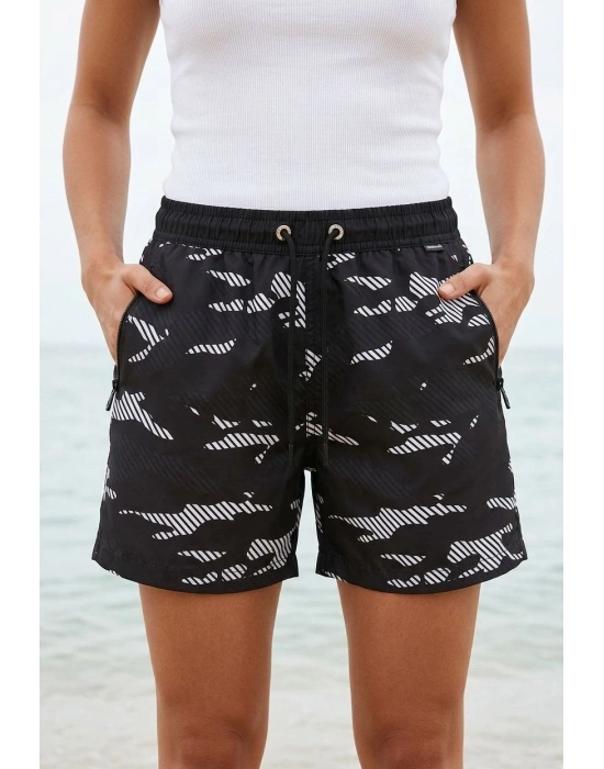 Kadın Deniz Şortu Fermuarlı Cepli File Astarlı Hızlı Kuruyan Premium - Siyah