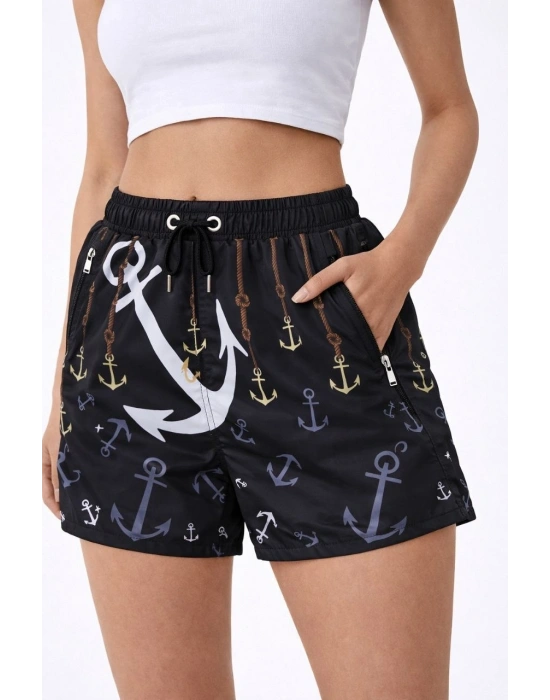 Kadın Deniz Şortu Fermuarlı Cepli File Astarlı Hızlı Kuruyan Premium - Siyah