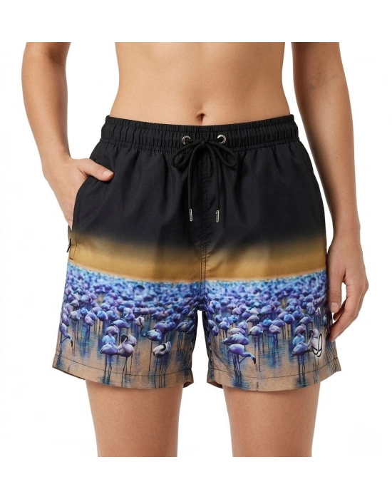 Kadın Deniz Şortu Fermuarlı Cepli File Astarlı Hızlı Kuruyan Premium - Siyah