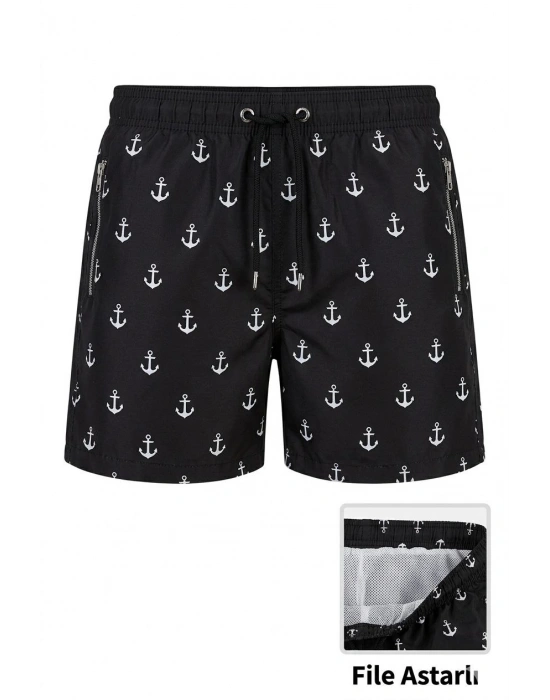 Kadın Deniz Şortu Fermuarlı Cepli File Astarlı Hızlı Kuruyan Premium - Siyah