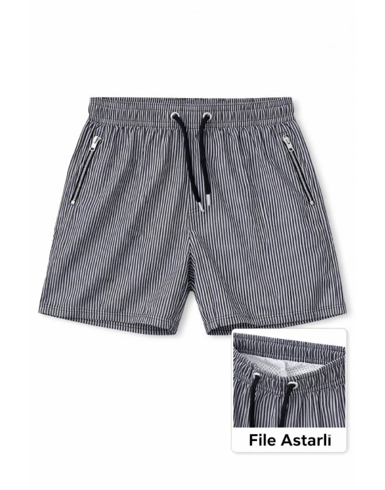 Kadın Deniz Şortu Fermuarlı Cepli File Astarlı Hızlı Kuruyan Premium - Siyah