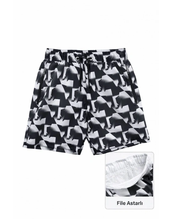 Kadın Deniz Şortu Fermuarlı Cepli File Astarlı Hızlı Kuruyan Premium - Siyah