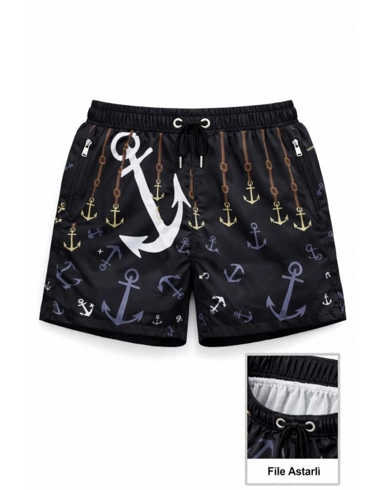 Kadın Deniz Şortu Fermuarlı Cepli File Astarlı Hızlı Kuruyan Premium - Siyah