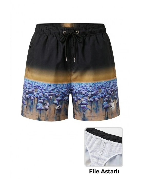 Kadın Deniz Şortu Fermuarlı Cepli File Astarlı Hızlı Kuruyan Premium - Siyah