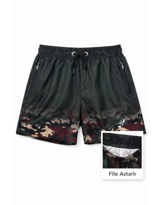 Kadın Deniz Şortu Fermuarlı Cepli File Astarlı Hızlı Kuruyan Premium - Siyah