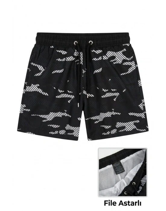 Kadın Deniz Şortu Fermuarlı Cepli File Astarlı Hızlı Kuruyan Premium - Siyah