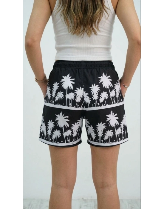 Kadın Deniz Şortu Fermuarlı Cepli File Astarlı Hızlı Kuruyan Premium - Siyah