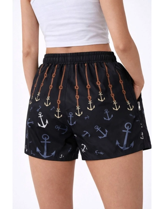 Kadın Deniz Şortu Fermuarlı Cepli File Astarlı Hızlı Kuruyan Premium - Siyah