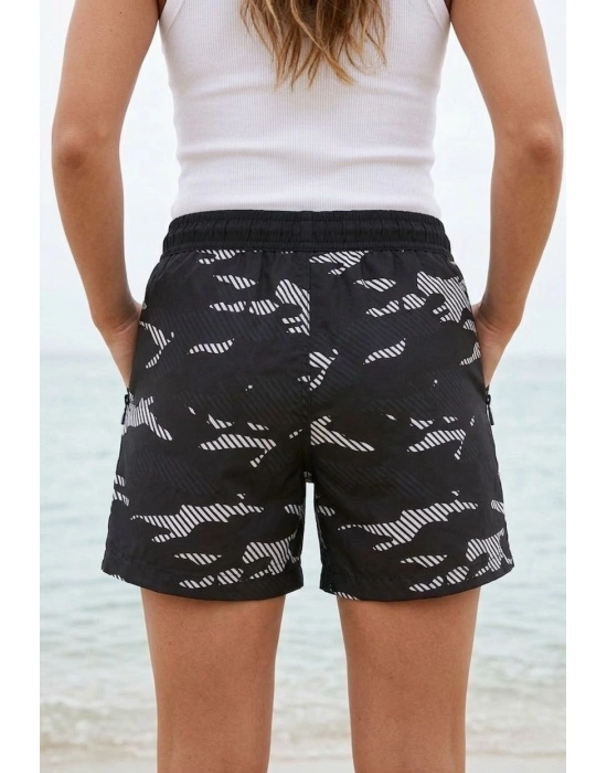 Kadın Deniz Şortu Fermuarlı Cepli File Astarlı Hızlı Kuruyan Premium - Siyah