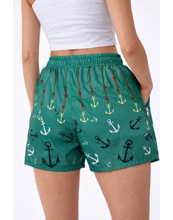 Kadın Deniz Şortu Fermuarlı Cepli File Astarlı Hızlı Kuruyan Premium - Su Yeşili