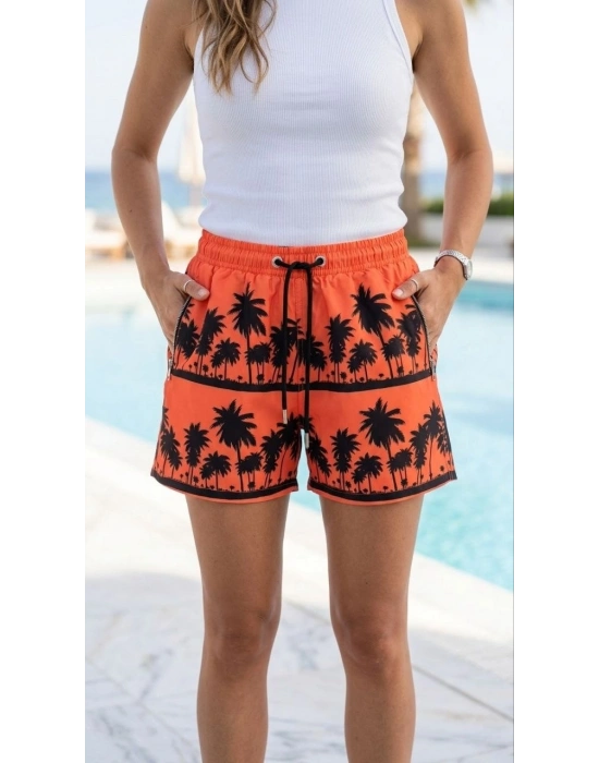 Kadın Deniz Şortu Fermuarlı Cepli File Astarlı Hızlı Kuruyan Premium - Turuncu